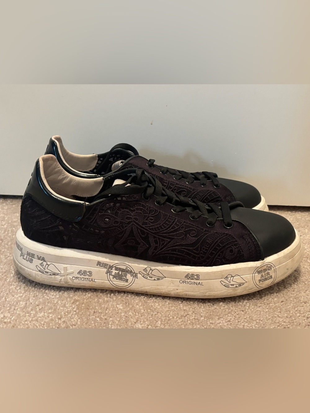 Premiata Belle Women’s Size 10 Black Embroidered Low-Top Sneaker White Sole